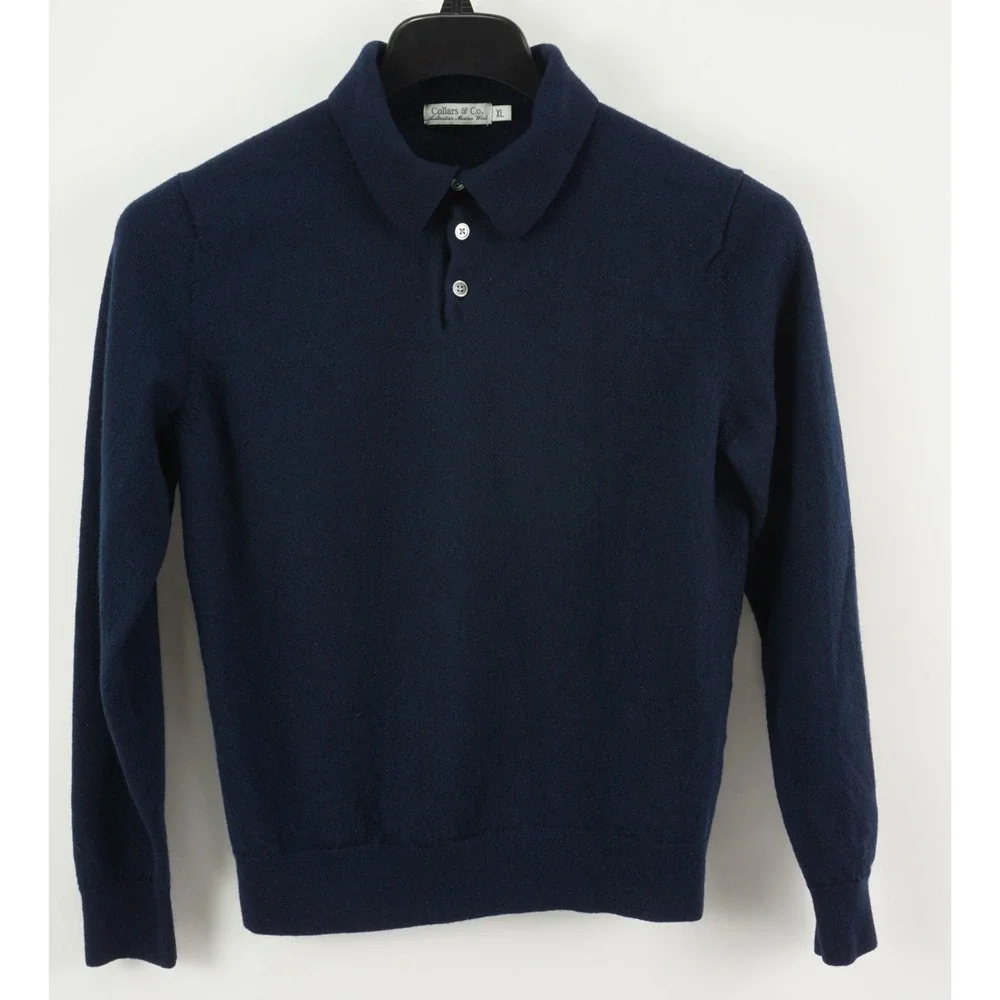 Collars & Co Australian Merino Wool Polo Sweater Women's XL Navy Blue Knit‎